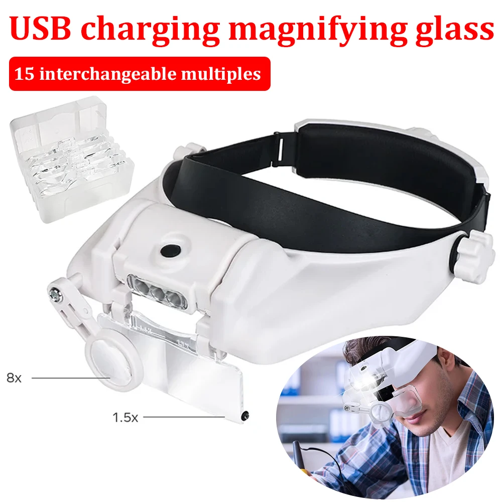 1.5/2/2.5/3/3.5/8x Headband Magnifier Illuminated Rechargeable Repair Solder Magnify Glasses Interchangeable Lens Third Hand