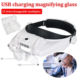 1.5/2/2.5/3/3.5/8x Headband Magnifier Illuminated Rechargeable Repair Solder Magnify Glasses Interchangeable Lens Third Hand