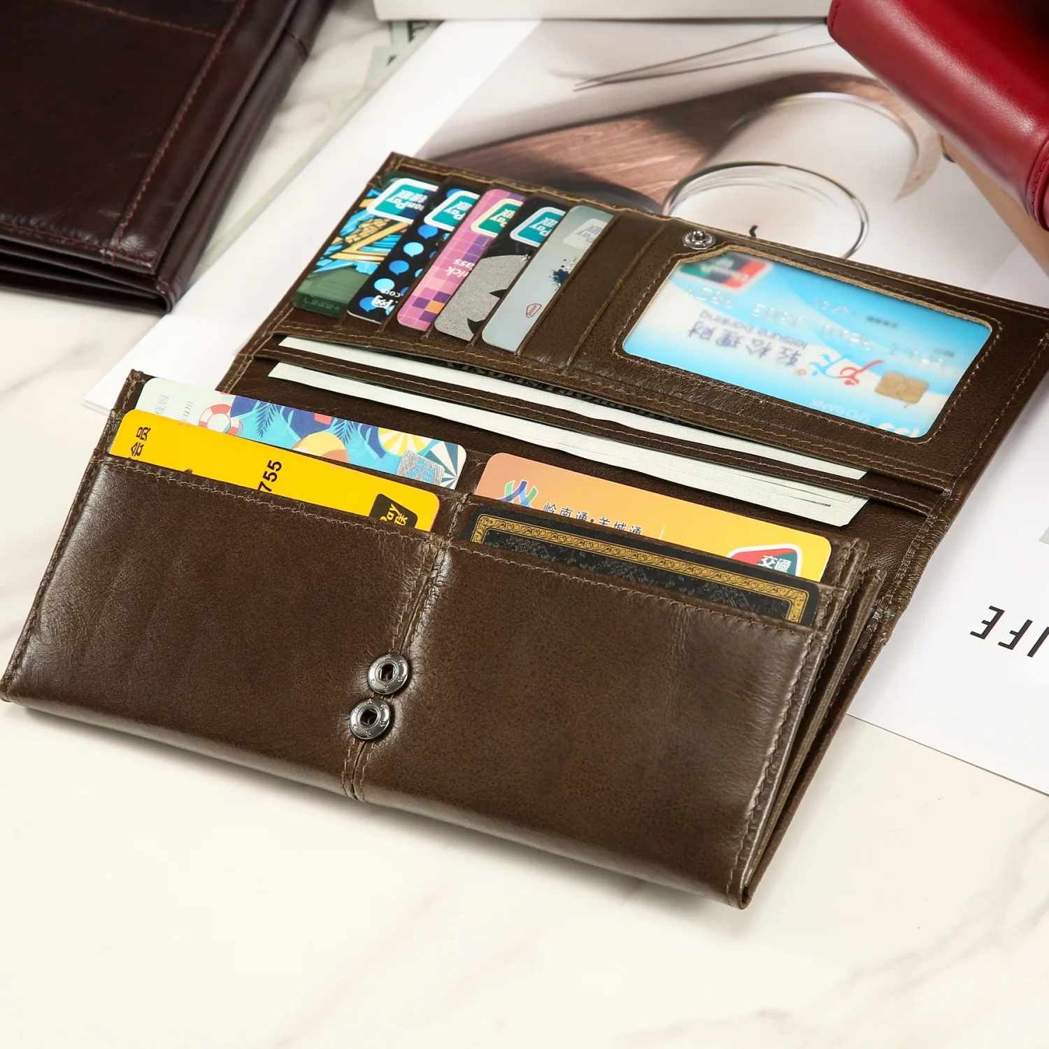 Women's Long Vintage Genuine Leather Wallet Japanese Accordion Card Slots Coin Pocket Clutch Purse For Daily Use