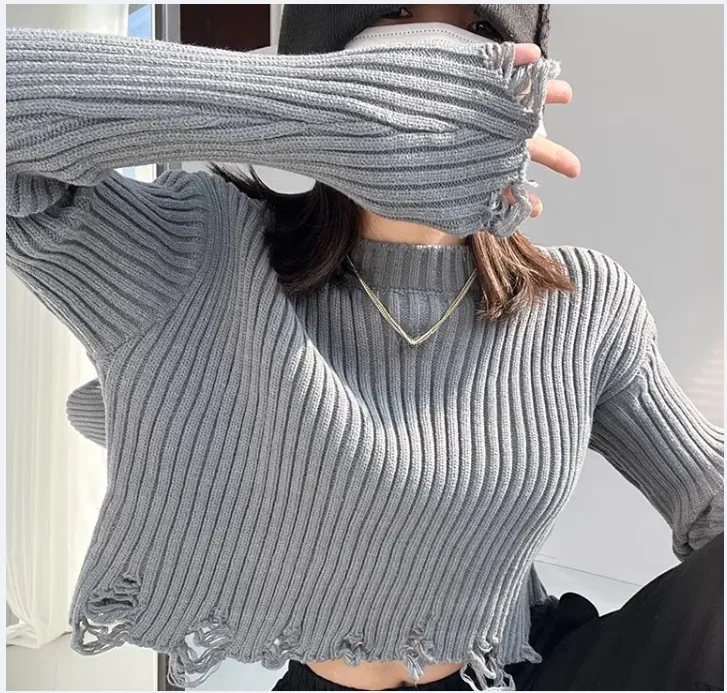 

Knitted Pullover for Women Sweaters Long Sleeve Ripped O-Neck Striped Short Pullover Beige New Fashion Elegant