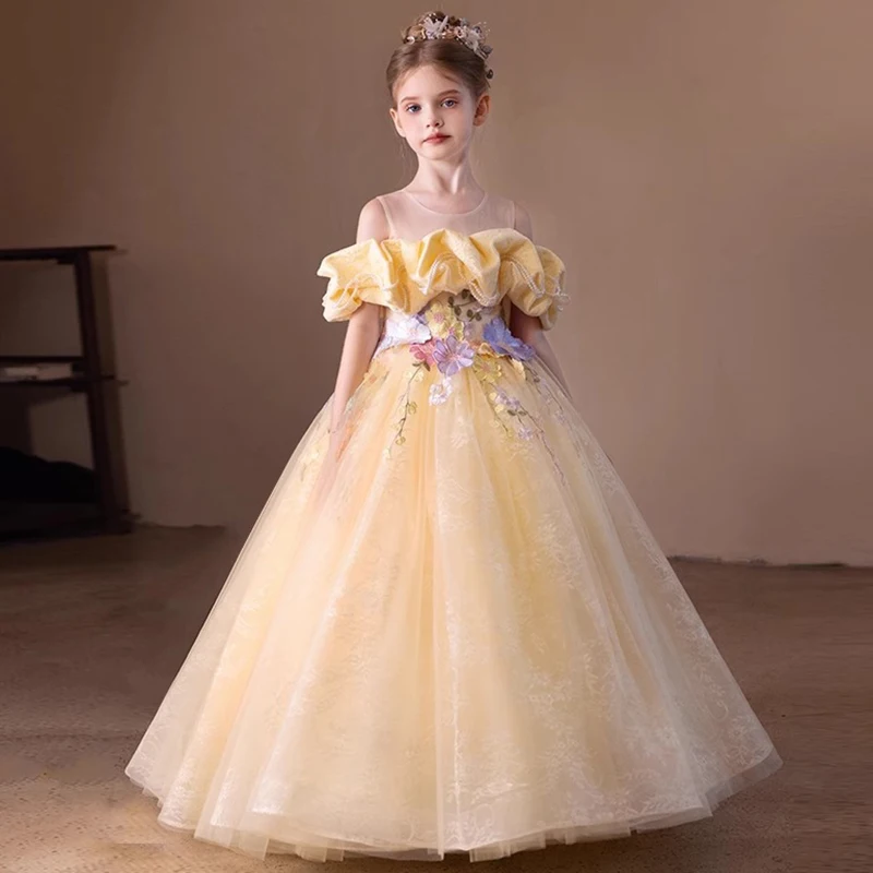 

Yellow Haute Couture Flower Girl Dresses Sleeveless Petal Neckline Floor-Length Evening Dress off the Shoulder Communion Dress