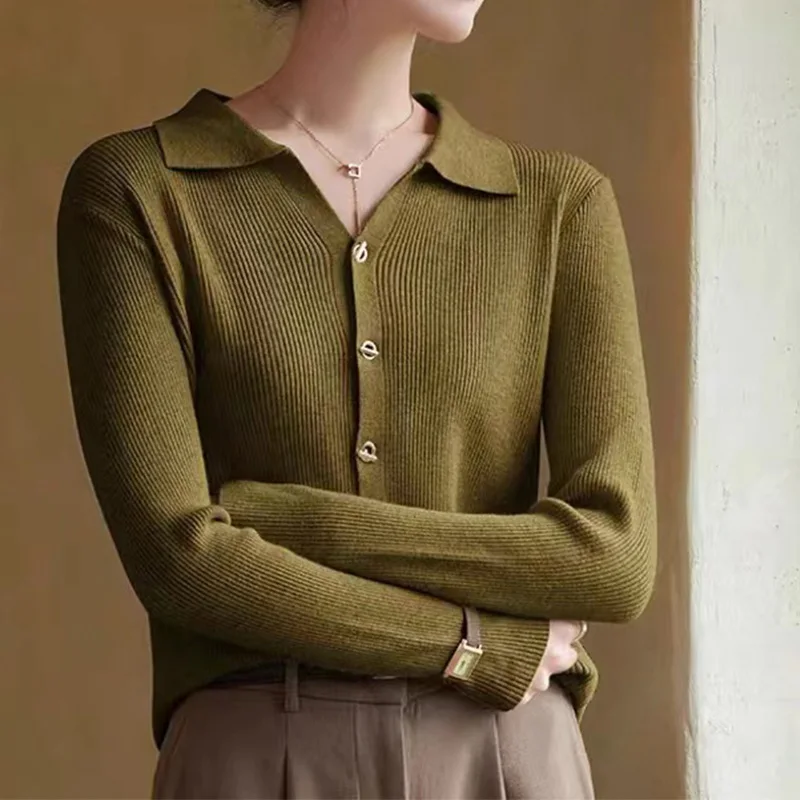 

All-match Button Tops Autumn Winter Elegant Fashion Solid Knit Cardigan Women Clothing Chic Turn-down Collar Long Sleeve Sweater