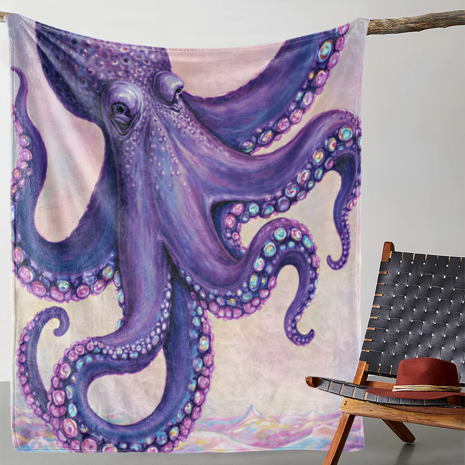 1pc Zeal Lily Flannel Blanket with Psychedelic Octopus Print - Soft  Polyester, Purple Blue Pink Green Scales & Red Eyes Des
