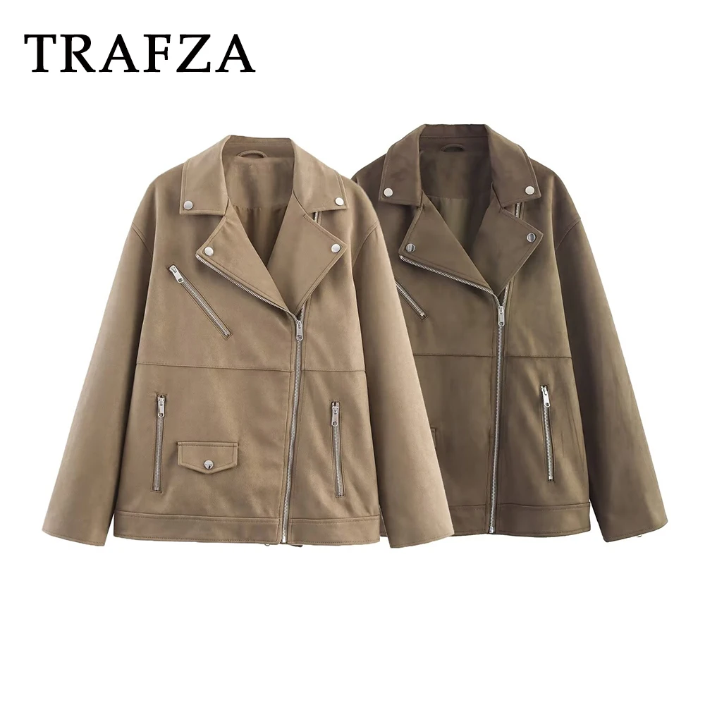 

TRAFZA Vintage Streetwear Fashion 2025 Autumn Jacket Women Zipper Loose Outwear Turn-down Collar Pockets Casual Female Jacket