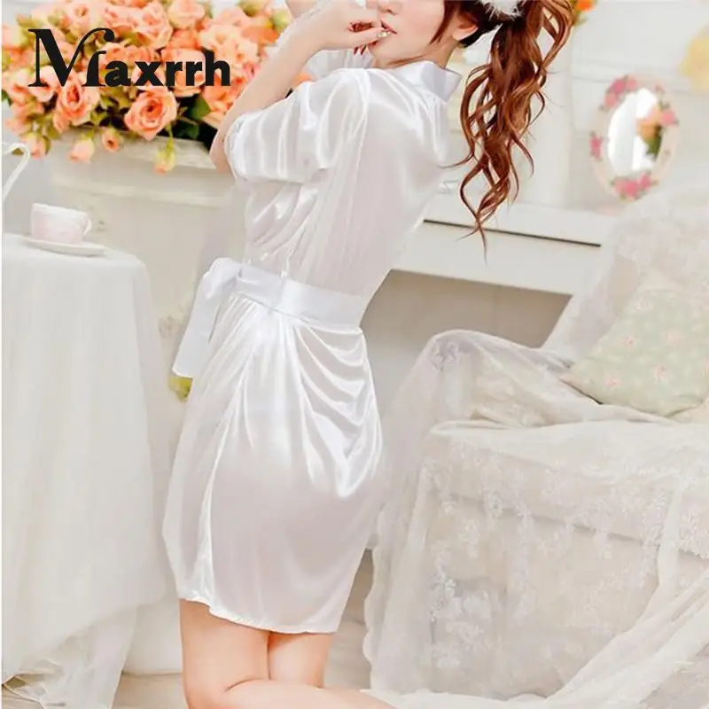 Night Robe Sleepwear Dress Nightdress Sexy Homewear Women V Neck Three Quarter Length Sleeve Satin Robe Black/Rose/White