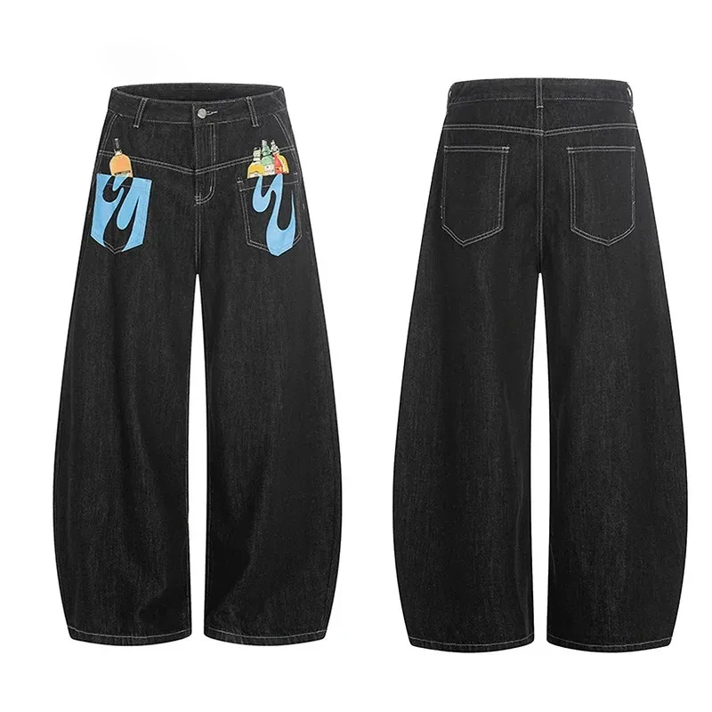 

Streetwear Men's Graphic Print Jeans Flame Bottle Pattern Wide Leg Baggy Fit Casual Premium Black Denim Pant