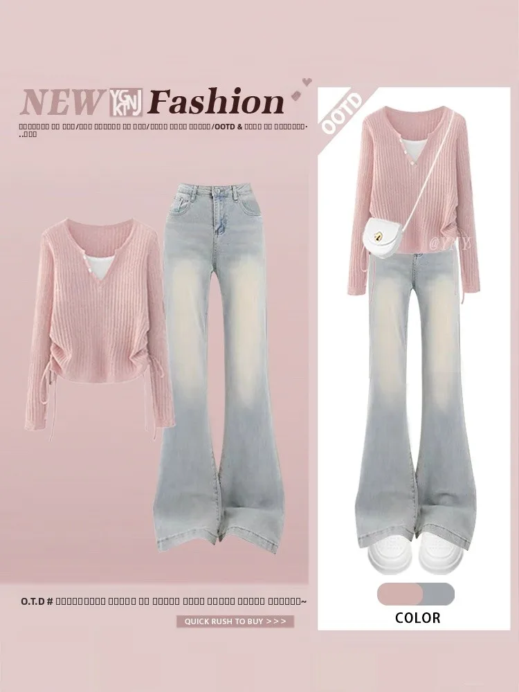 

Женский вязаный топ с завязками Design Sensation и джинсы с высокой талией, комплект из двух предметов, длинные брюки, осенняя модная повседневная одежда