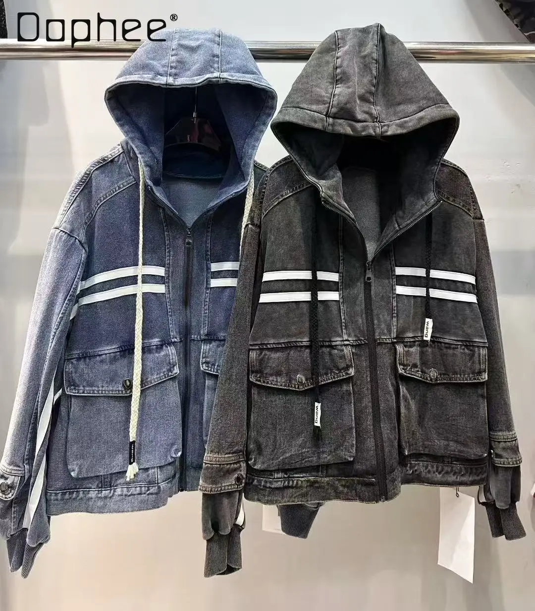 

European Denim Jacket 2026 Spring New Splicing Large Pocket Loose Hooded Long-sleeved Jackets for Women