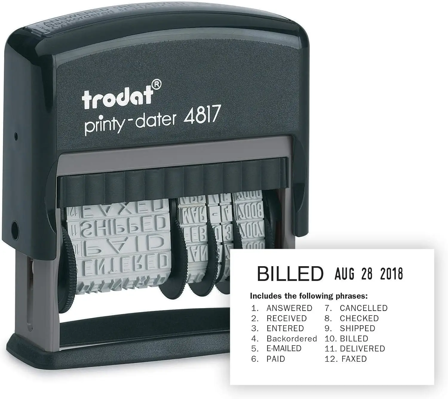 

Self-Inking Date Stamp with 12 Popular Office Messages, Month/Day/Year, Black