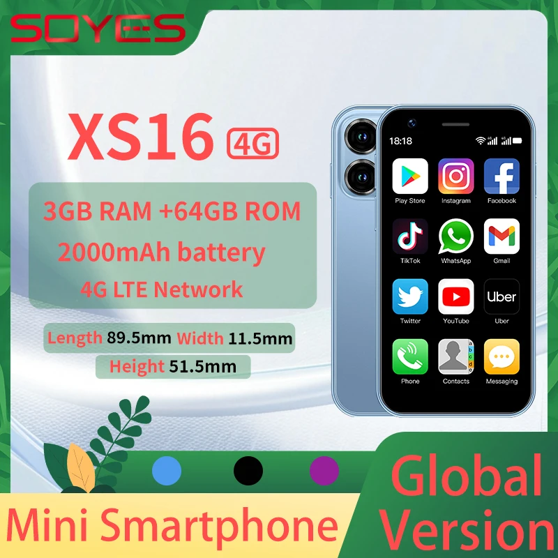 SOYES XS16 Mini 4G LTE mini Smartphone 3.0inch 3GB RAM 64GB ROM Android 10.0 5MP Camera Dual SIM With Play Store WhatsAPP
