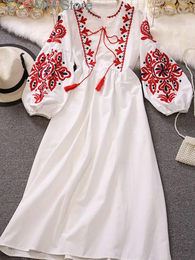 New Sweet Style Women Nice Foreve Dress Embroidery O-neck Bandage Long-sleeve White Dresses Womens Spring Summer