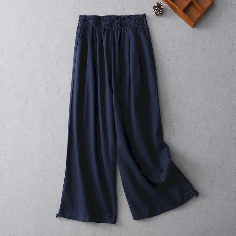 

Casual Straight Pants Elastic Waist Solid Literary Minimalism Wide Leg Trousers Loose Summer Korean Style Flowing Women Clothing