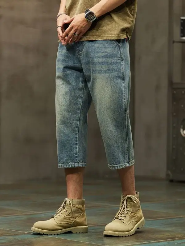 Summer New Business Men's  Color Loose Harlan Jeans Simple Style Men's Seven-Foot Pants Casual Wear Durable Thin Denim