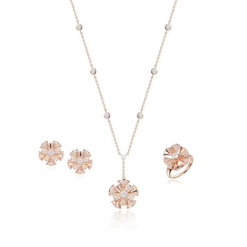 Designer Collection Style Ring Earrings Necklace Inlay Czech Zircon Double-deck Fan-Shaped Flower Pendant Party Jewelry Sets