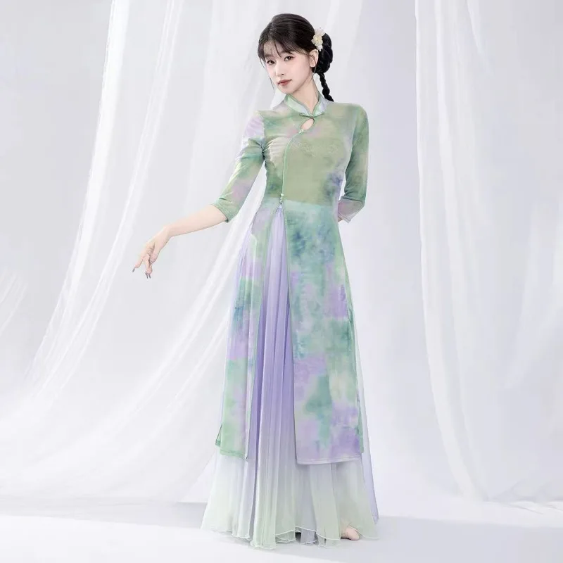 

Elegant Graceful New Chinese Gradient Gauze Dress Body Rhythm Cheongsam Practice Performance Costume Ethnic Performance Costume