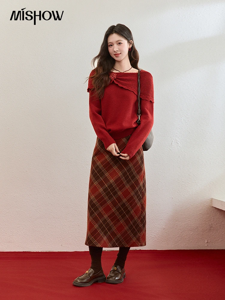 MISHOW السنة الجديدة عيد الميلاد المرأة سترة حمراء 2025 الخريف الشتاء لينة أنيقة البلوزات ثلاثية الأبعاد زهرة الألبكة محبوك القمم MXE94Z2889