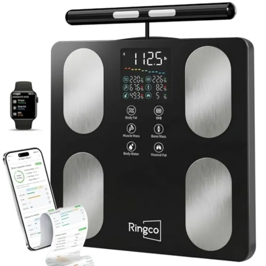 Bathroom smart scale for body composition analysis, ABS plastic, black, 8-electrode high precision with BMI, body fat, muscle m