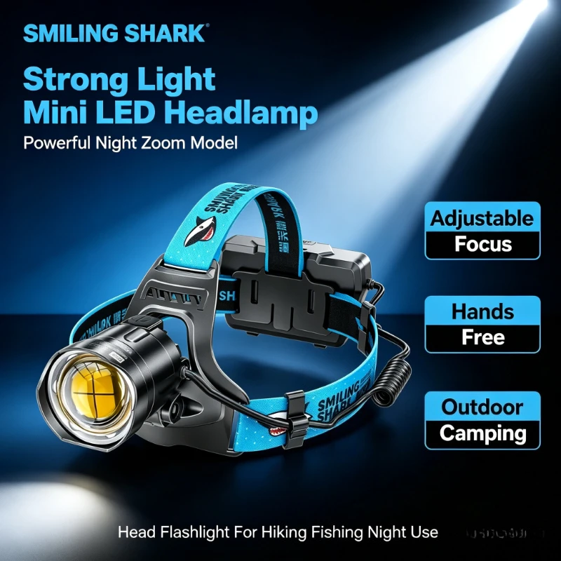 SMILING SHARK Strong Light Headlamp Mini LED Powerful Night Zoom Model Adjustable Focus Hands‑free Head Flashlight K808-P100