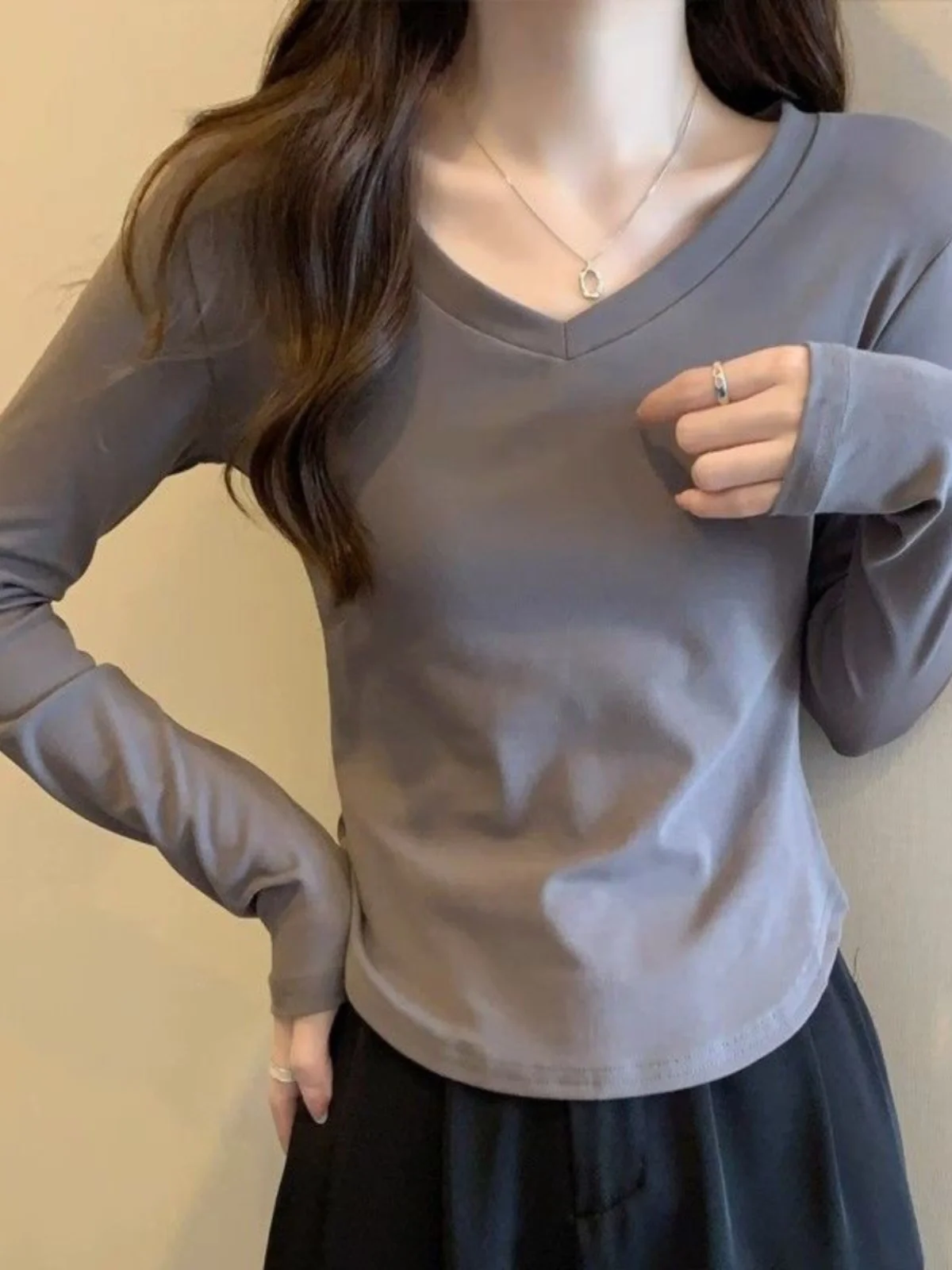 

Женская асимметричная облегающая футболка из модала Long Sve V-Ne, осенне-зимний модный топ большого размера для внутренней одежды