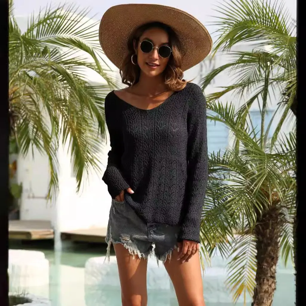 Camicia da donna in tessuto scavato con scollo a V Maglione interno esterno casual Stile europeo americano M608 Top