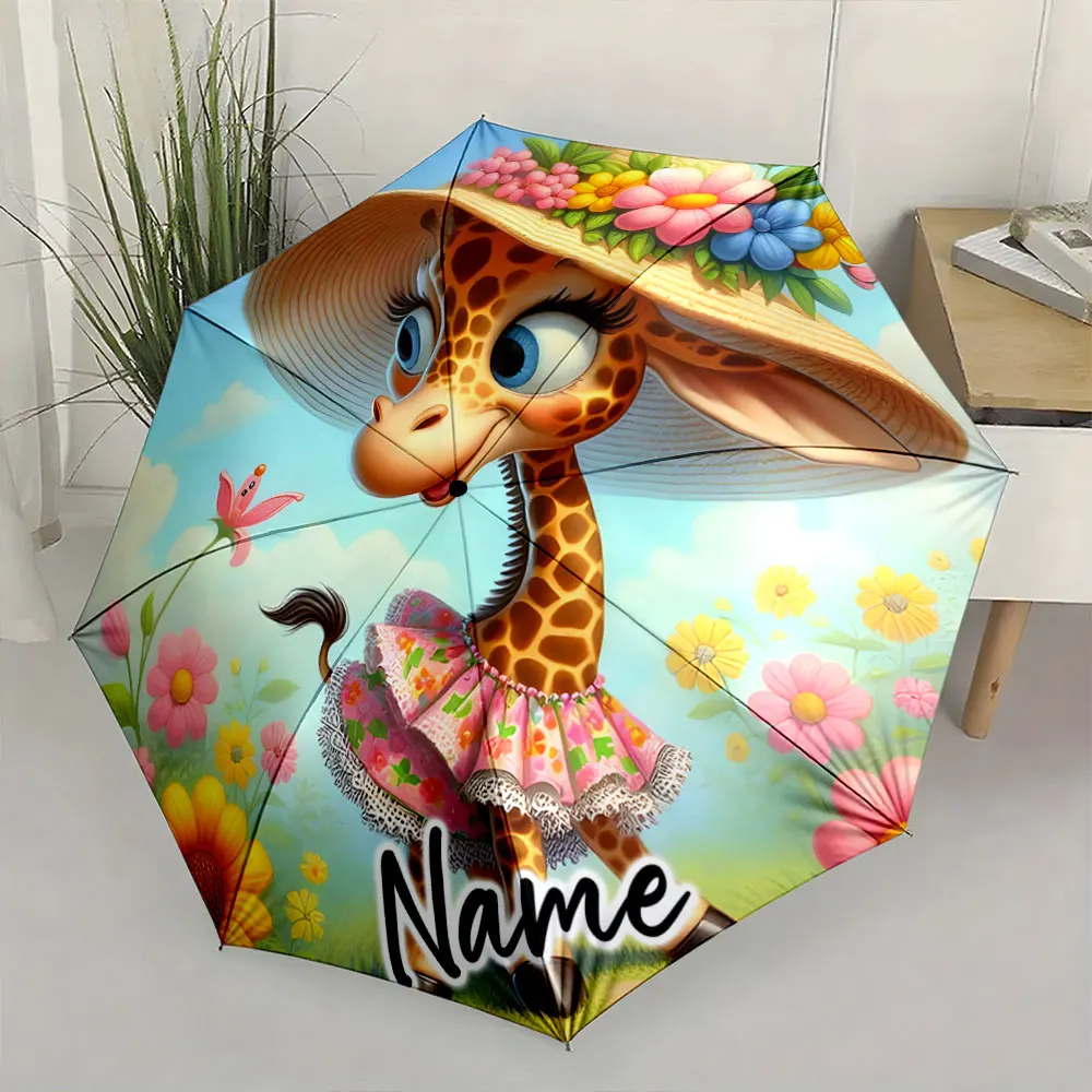 Custom Name Cheerful Giraffe with Floral Hat on Vibrant Umbrella Design 8 Iron Ribs Folding Umbrella Auto-Open Fashion Sunshade