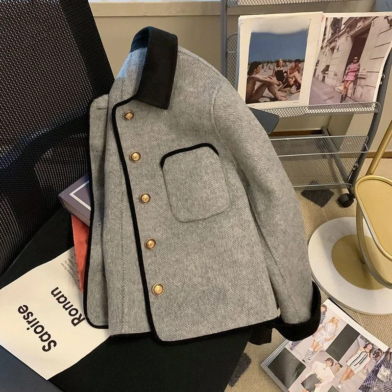 Cappotti trapuntati grigi corti abbigliamento donna Vintage giacca di lana con risvolto a contrasto autunno inverno Harajuku Jaquetas Chaqueta