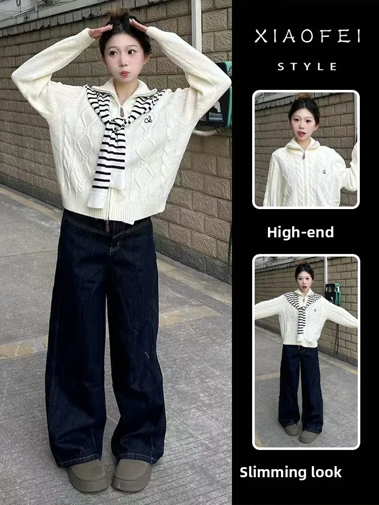 

Salt System, осенний новый женский модный комплект, корейский драматический комплект, длинные брюки с высокой талией, кардиган, длинный свеч, на молнии, теплый, повседневный