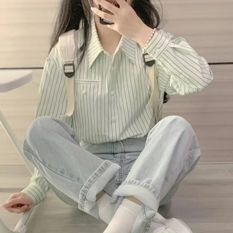 Casual Commuting Long Sleeves Striped Shirt for Women Spring Autumn Loose Japanese Style Retro Small Shirt Chic Top for Women