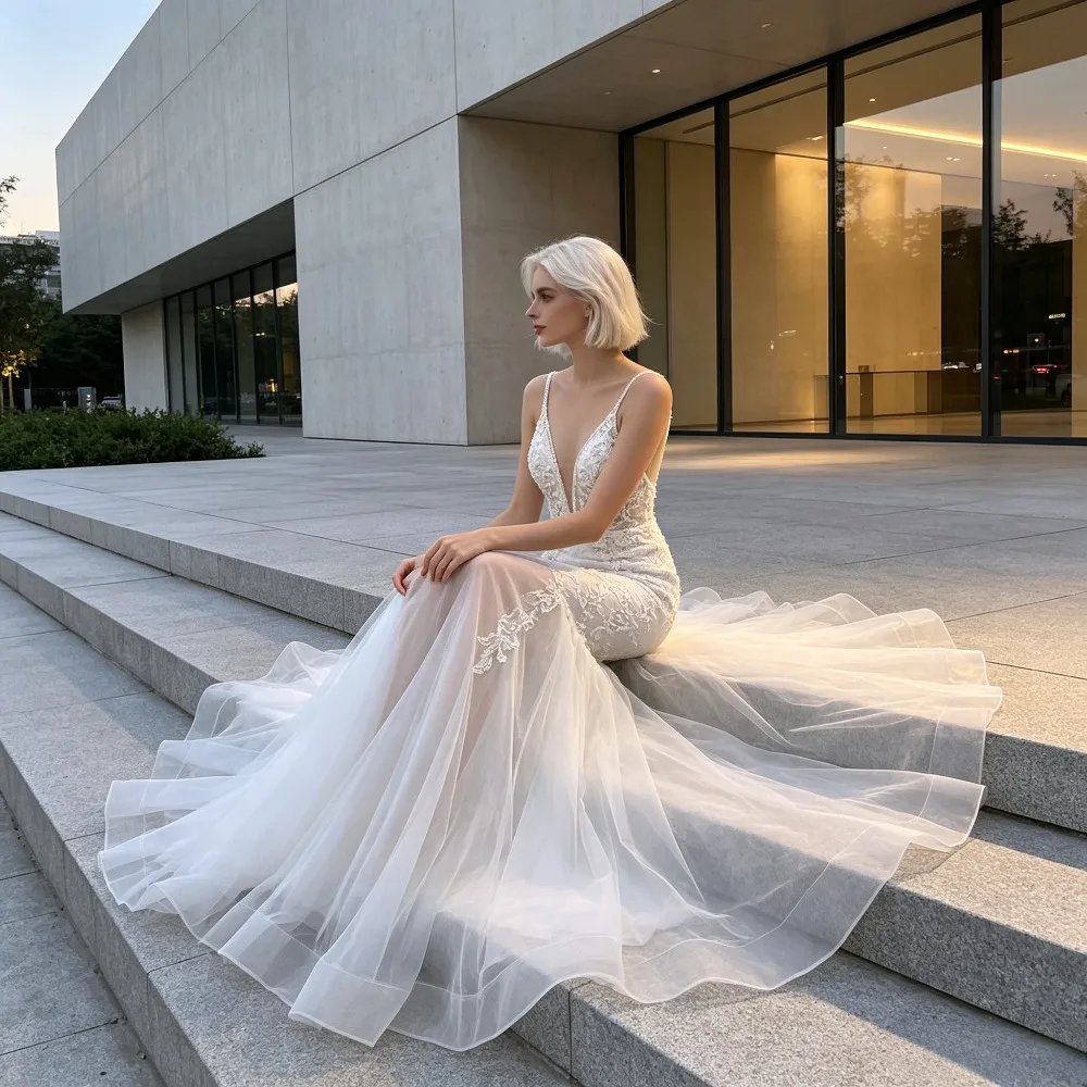 Customized Thin Shoulder Strap Lace Mermaid Wedding Dress 2026 New Style Deep V-neck Backless Sheer Applique Sexy Bridal Gown