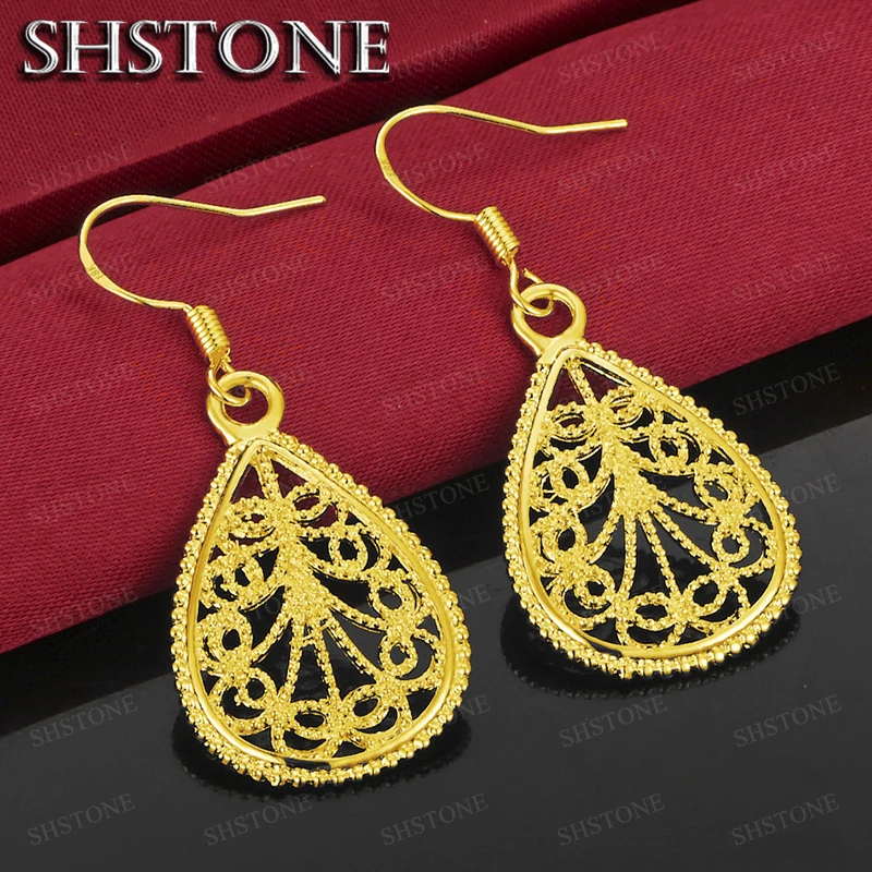 18K Gold Patterned Water Droplet Drop Earrings For Women Party Birthday Engagement Wedding Fashion Jewelry