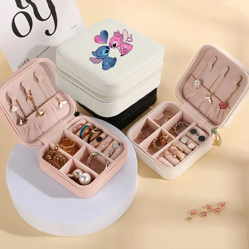 Cute Disney Lilo &Stitch Jewelry Organizer Travel Jewelry Zipper Case Boxes Earrings Necklace Ring Portable Box Top Mackup Bags