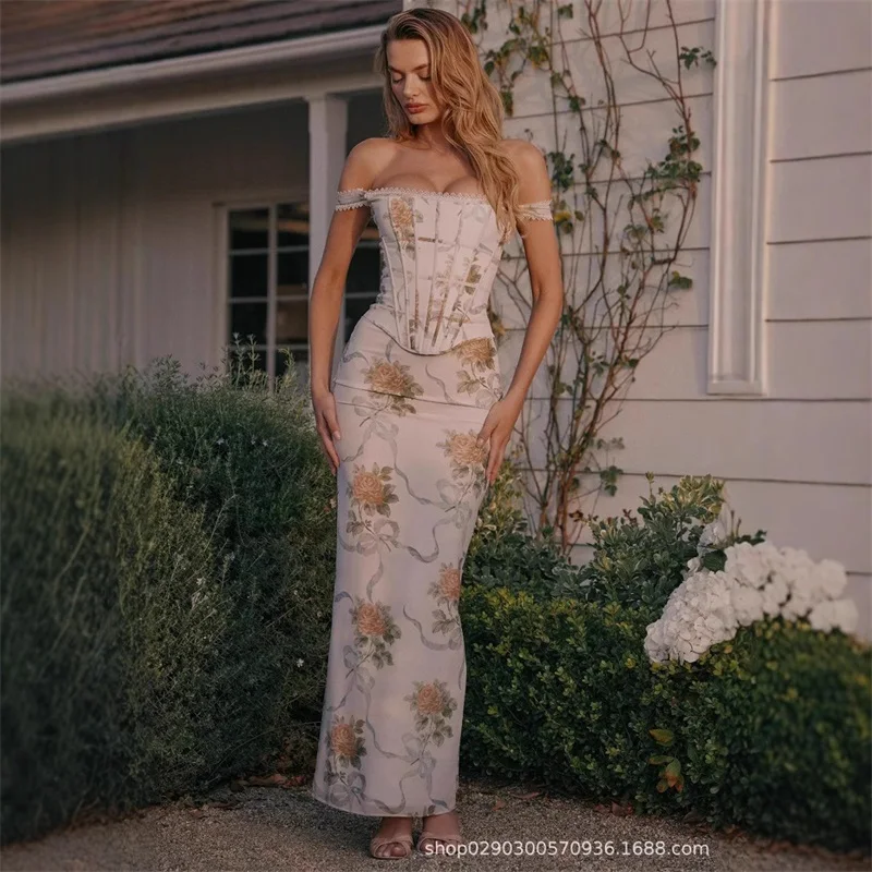 

Floral Printed Prom Dress 2 Pcs Skirt Set Sexy Corset Top Bra+Sheath Party Bridal Gown Formal Guest Wedding Birthday Robe