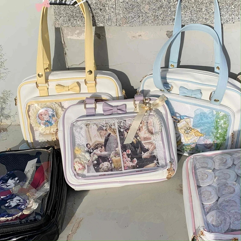 Y2K Cute Bow Ita Bag Girl Transparent Messenger Bag Women Fashion Shoulder Crossbody Bag Ladys DIY Badge Tote Bag Lolita Handbag