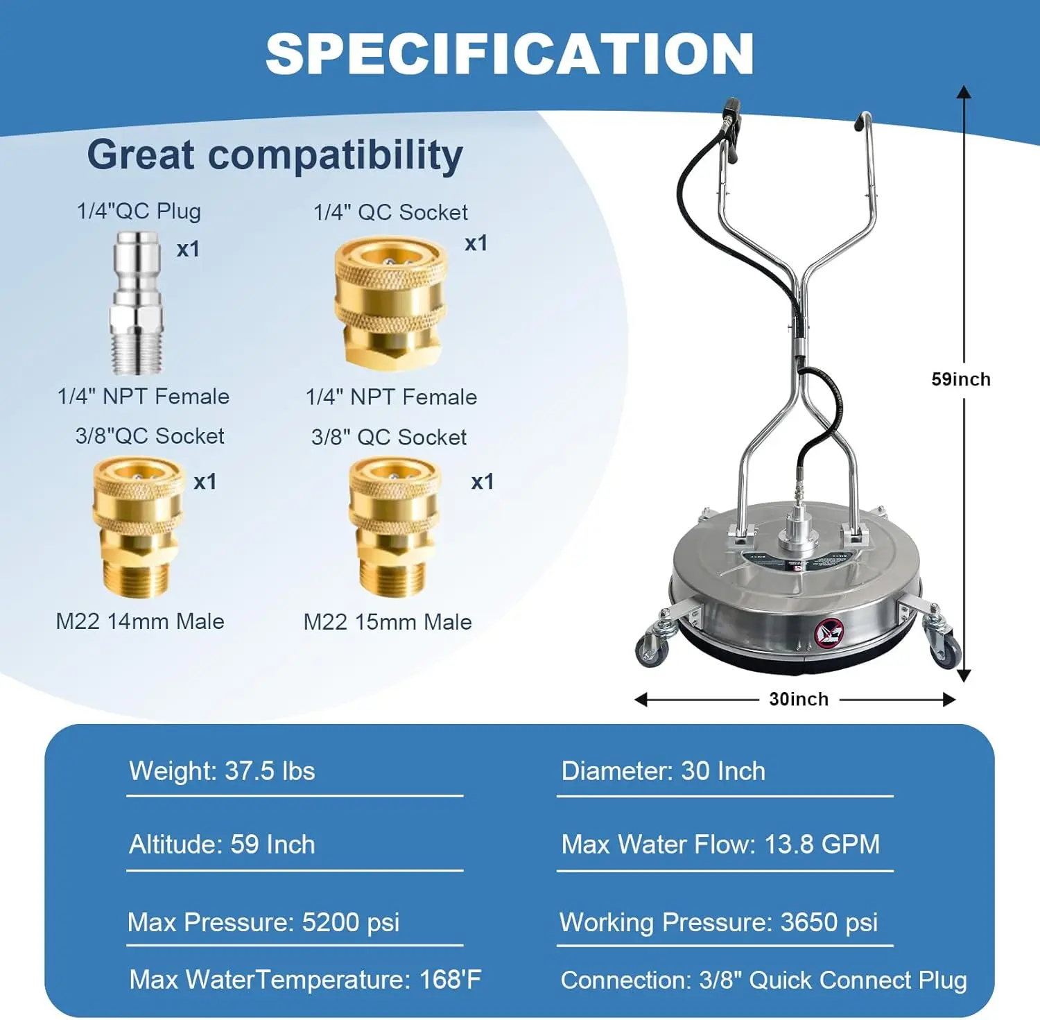 منظف الأسطح لغسالة الضغط 30 بوصة بمقبض مزدوج طاقة من الفولاذ المقاوم للصدأ مع 4 عجلات 5200 رطل لكل بوصة مربعة لسطح الرصيف في الفناء الخرساني #2