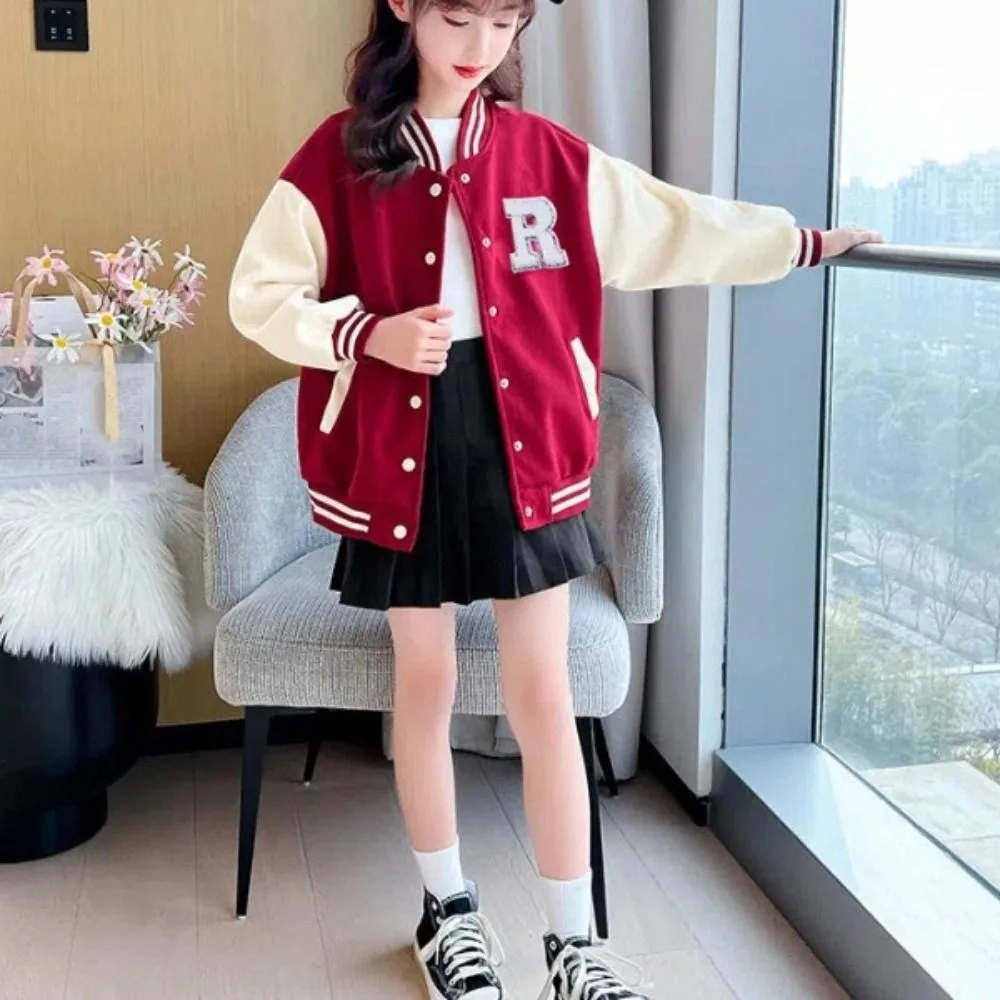 

Comfortable Long Sleeve Children Baseball Uniform Loose Retro Girls Y2K Coat Teens Clothing Spring Autumn Jacket Party