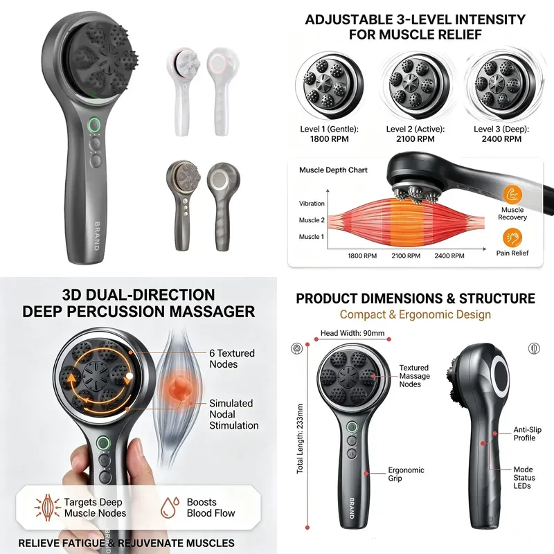 for Wireless Rechargeable Electric Vibration Deep Tissue Recovery Muscle Pain Relief Massager Handheld Body Massager