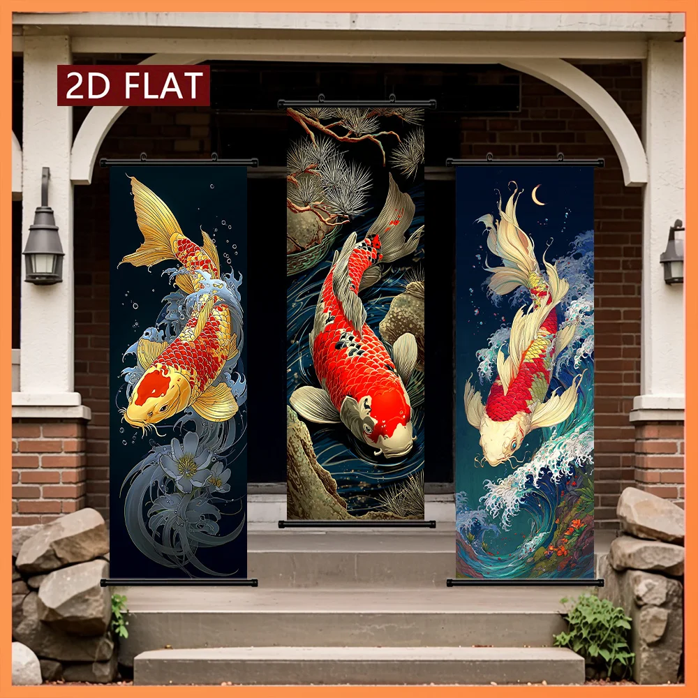 VIKAMA Japanese Koi Fish Red White Carp 3 Piece Wall Scroll Tapestry Set Pine Wave Wall Art Decor for Living Room