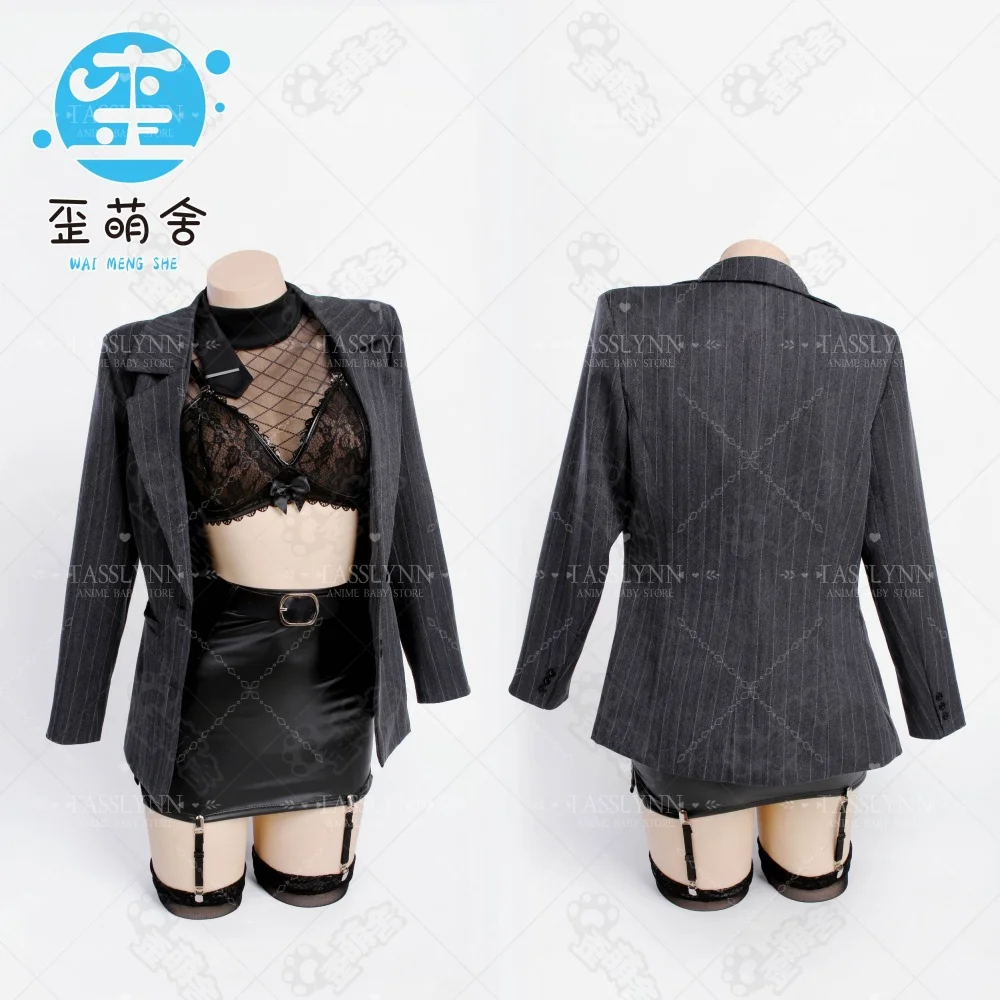 NIKKE Privaty Cosplay Full Outfit Set, Striped Blazer Lace PU Skirt Secretary OL Costume, Women Game Cos for Comic Con Halloween view 4