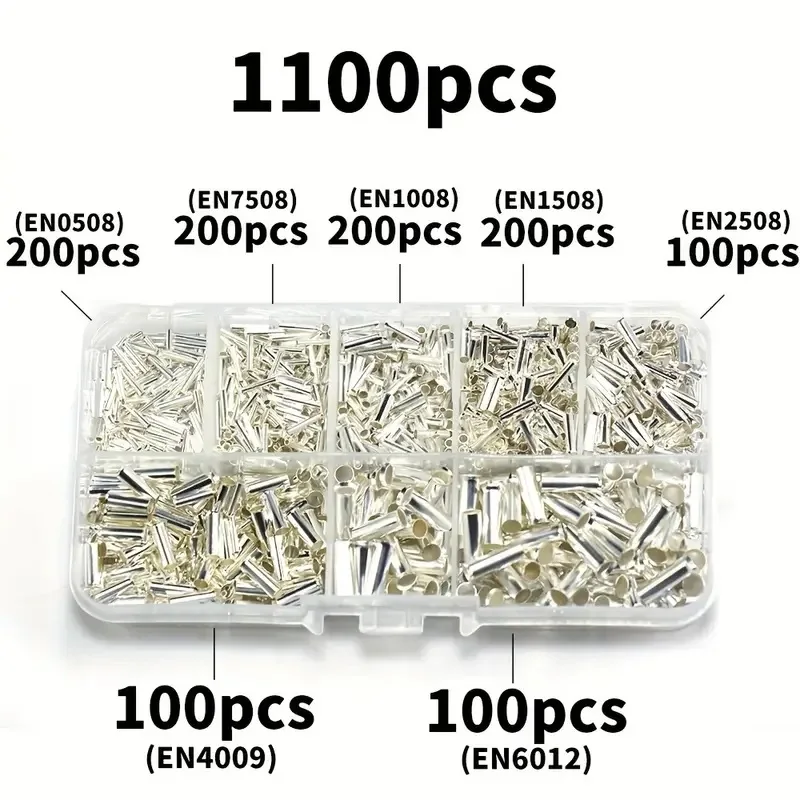 1100pcs 0.5mm²-6mm² 22-10 AWG Non-Insulated Wire Connector Bootlace Ferrules Electrical Cable Terminal Tubular