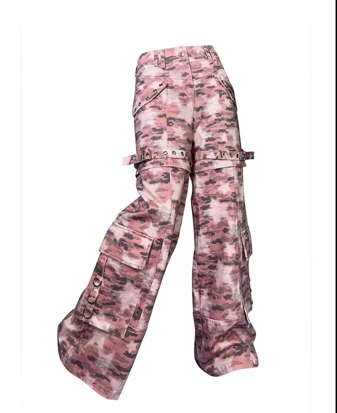 CFIERCE Harajuku Artist Pink Cargo Pants Women Camouflage Punk Hip Hop Gothic Cute Girls Pockets Low Waist Trousers Pant Capris