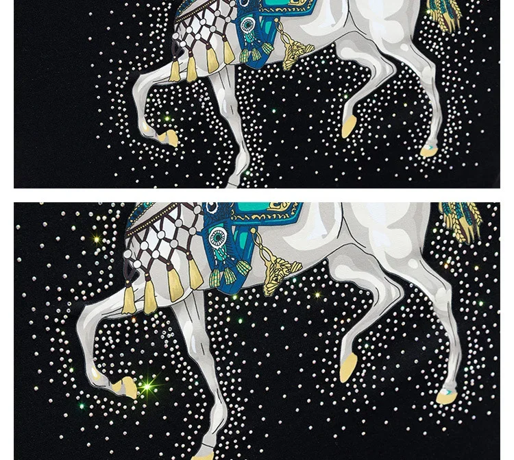 Cartoon Horse Printed T Shirts for Men Summer Clothes Fashion Rhinestones O Neck Short Sleeve Thin Cool Elastic Cotton Tops Tee