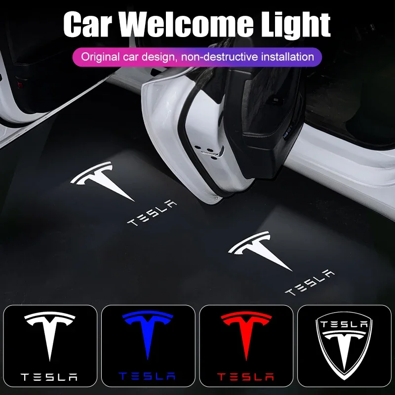 2Pcs Car Door Projector LED Logo Welcome Lights Shadow Decoration Lamp for Tesla Model 3 Y Model X S Accessories