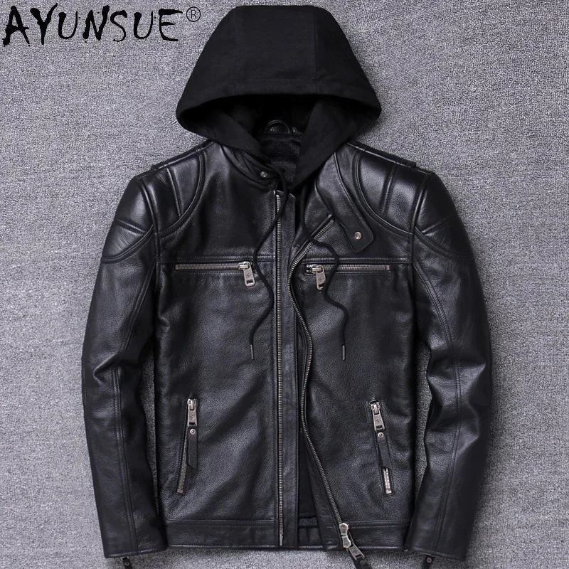 AYUNSUE Mens Leather Jacket Autumn Genuine Cowhide Jackets for Men Style Hooded Short Coats Male Abrigo Hombre SQQ340