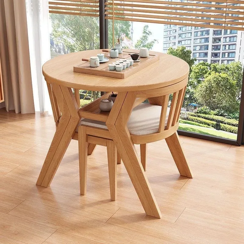 

Household Combination Round Table Drinking Tea Living Room Family Round Balcony Leisure Table and Chairs Three-piece Set Solid W