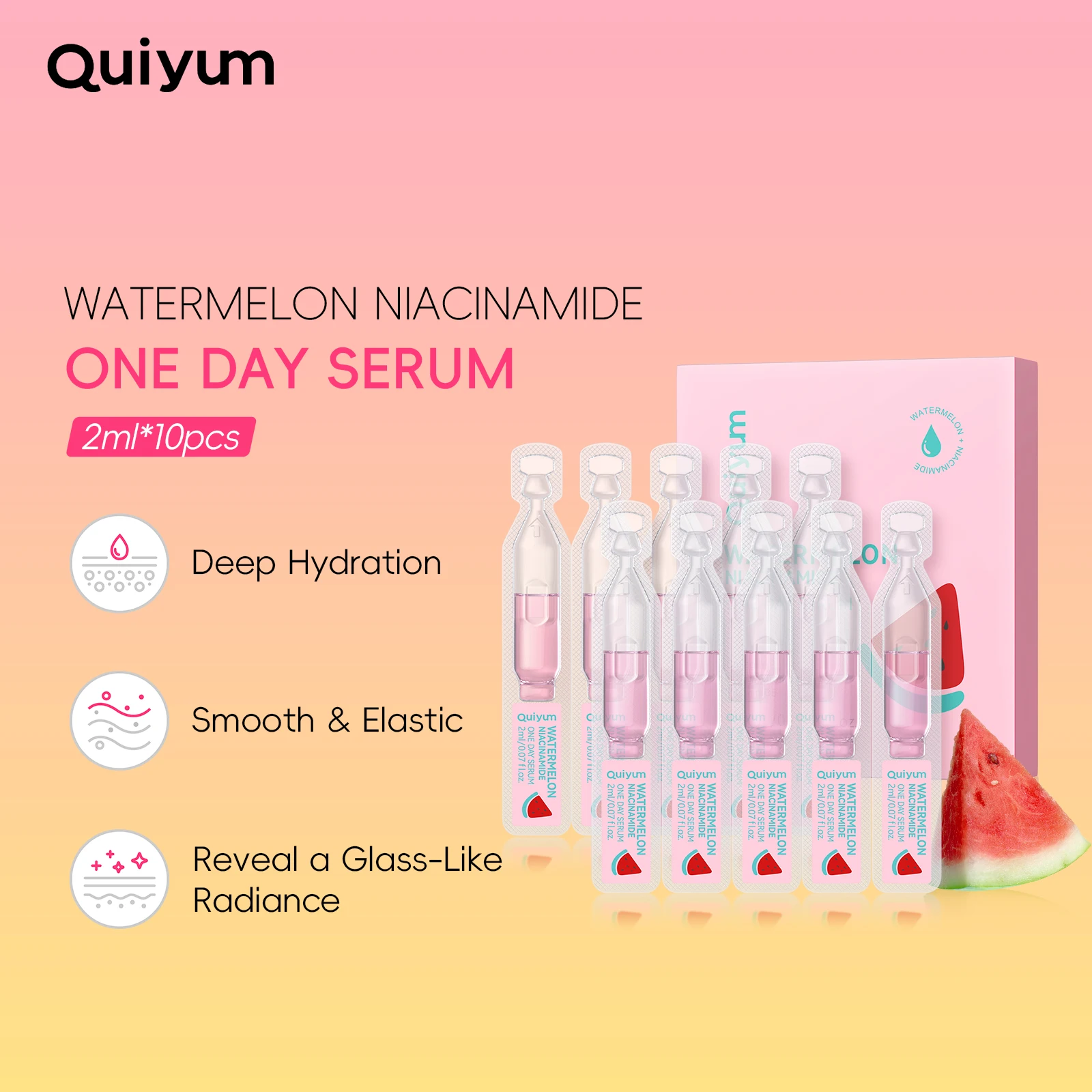 Quiyum Watermelon Niacinamide One Day Serum 2ml*10pcs Deep Hydration Glass-Like Radiance with 4 Types of Hyaluronic Acid