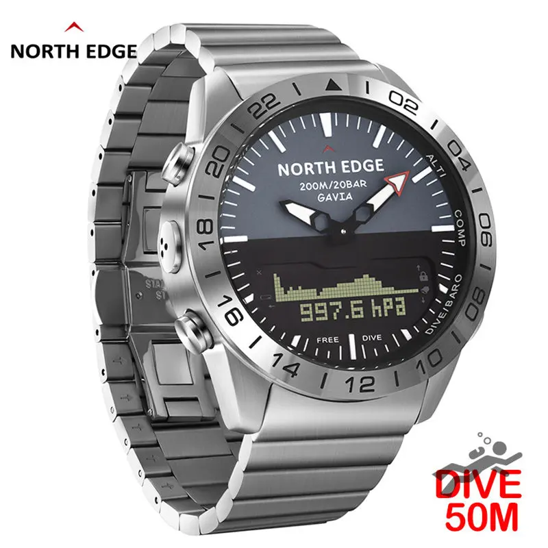 

NORTH EDGE Stainless Steel Quartz Watch Dive Military Sport Watches Mens Diving Analog Digital 200M Male Army Altimeter Compass