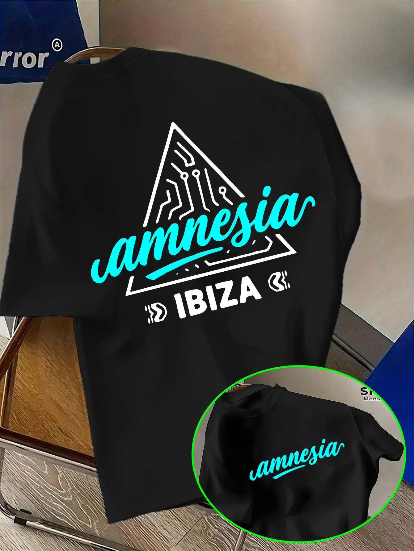 Retro street style Amnesia printed T-shirt, IBIZA, featuring an electronic music culture and art trendy distressed effect.
