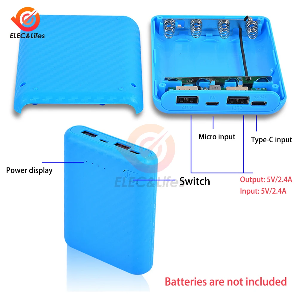 4 Slots 18650 Battery Box Case Dual USB Type-C DIY Power Bank Charger Shell Charging Case Mini Solderless Power Supply Housing