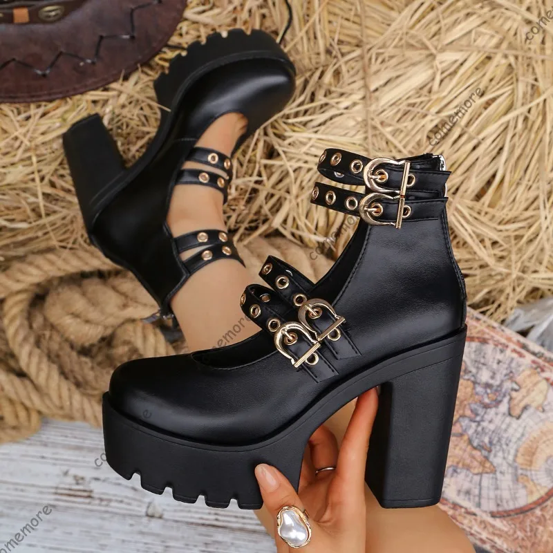 

Black Double Buckle Platform Mary Jane Shoes Chunky Block Heel Punk Style Ankle Strap Back Zipper Pumps Size 35-42 Туфли Женские