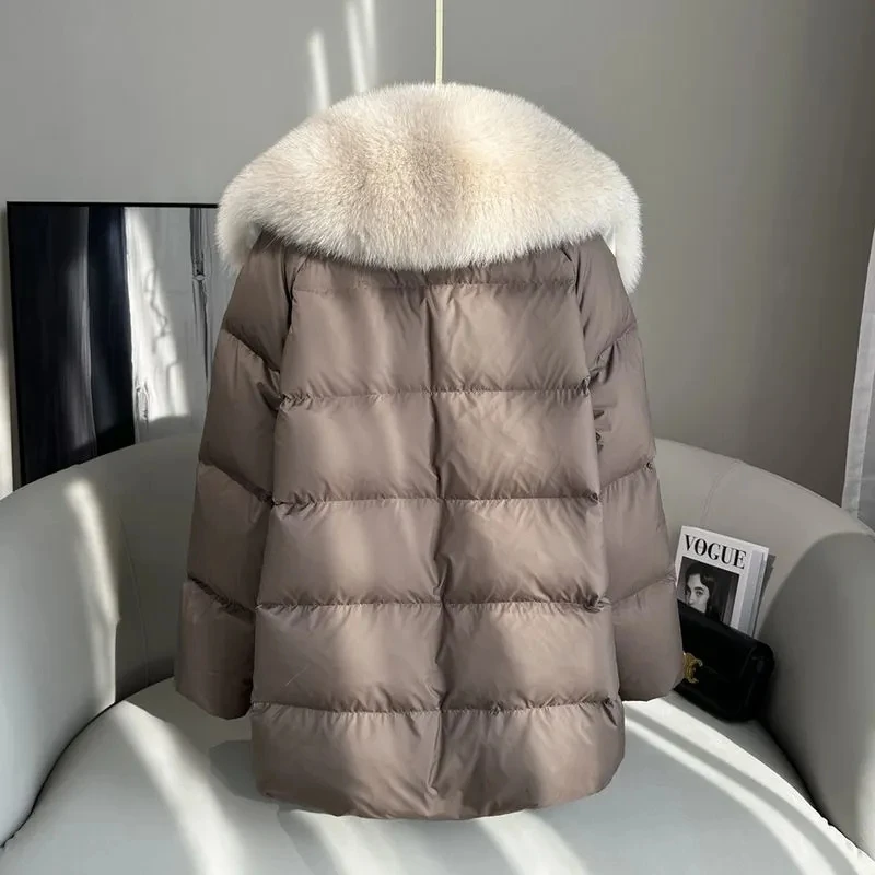 2025 Winter New Medium long Loose White goose Down Coats High end Faux Fox fur detachable Large Lapel fur Down Jacket For women